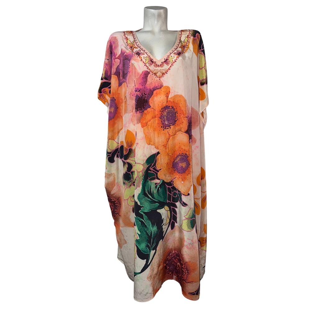 Camilla Floral Rhinestone V-Neck Kaftan Maxi Dress Colorful One Size Bohemian